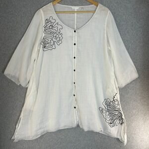 Kleen White Ramie Embroidered Floral‎ Button Front Tunic Top Flowy Size Medium